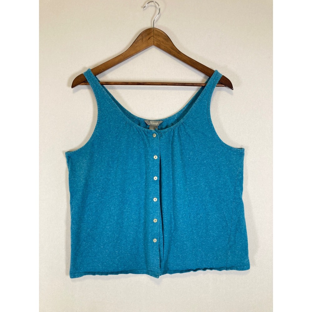 Boho Coastal Natural Reflections Women Large Teal Blue Cotton Linen Button Tank